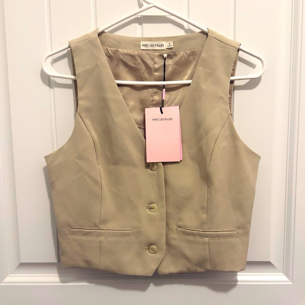 Avec Les Filles Womens Beige Button Front Lined Vest Pockets Solid Short Sz S